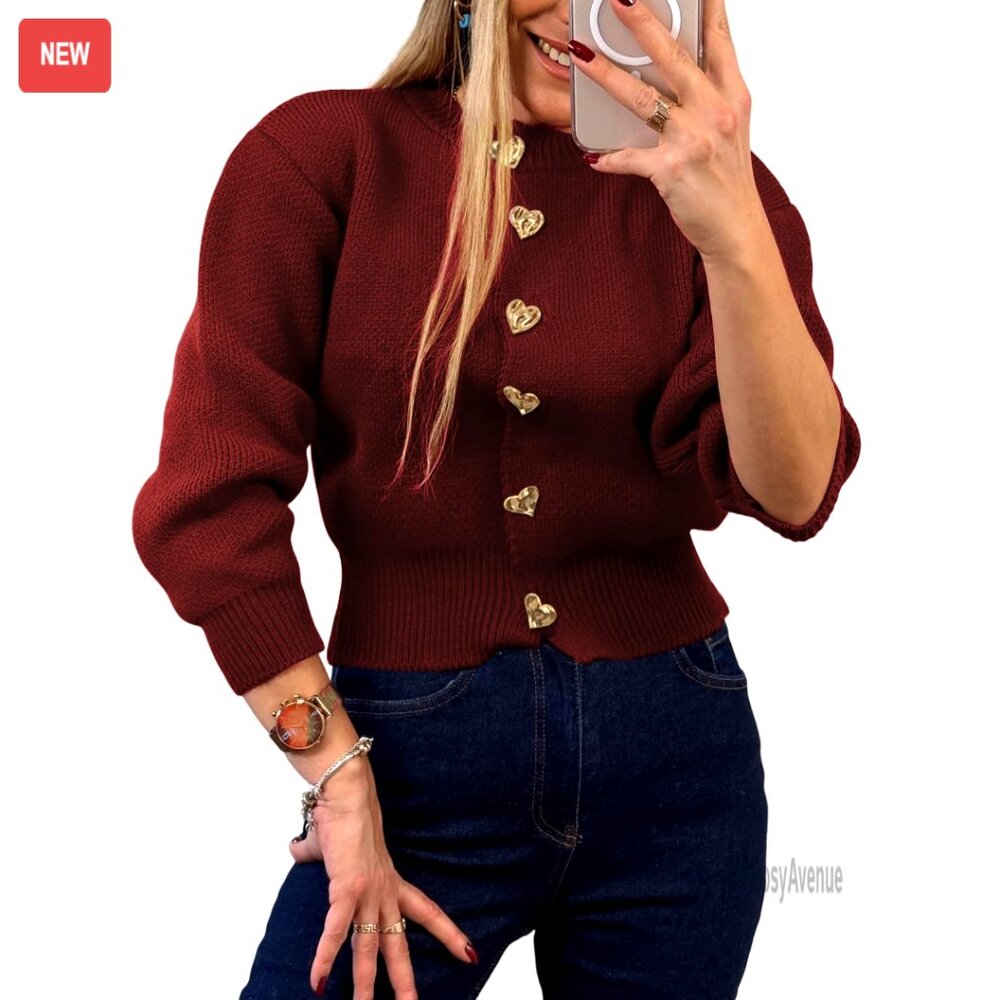 Knit Cardigan Sweater Cropped Heart Buttons Casual Chic Fall Winter Layering